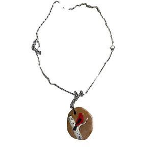 Pendant Necklace Cardinal Red Bird Silver Chain Handpainted